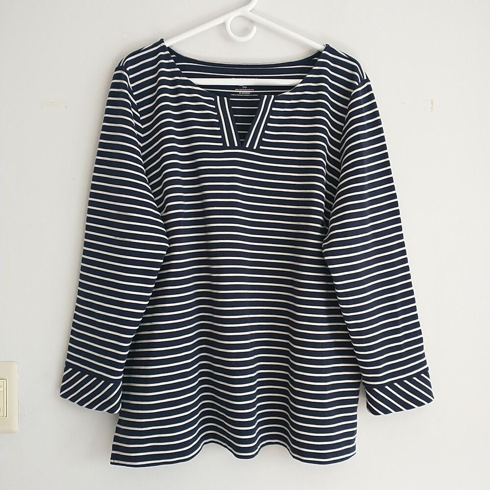 Talbots Tunic Top Women 2XPetite Blue Striped Split Neck Cotton Casual Nautical